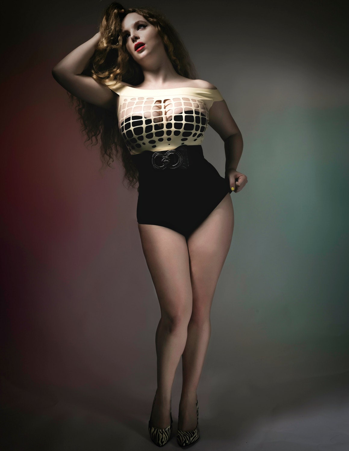 Image of Bardot Off-The-Shoulder Latex Grid Mesh Crop Top in White Or Any Colour