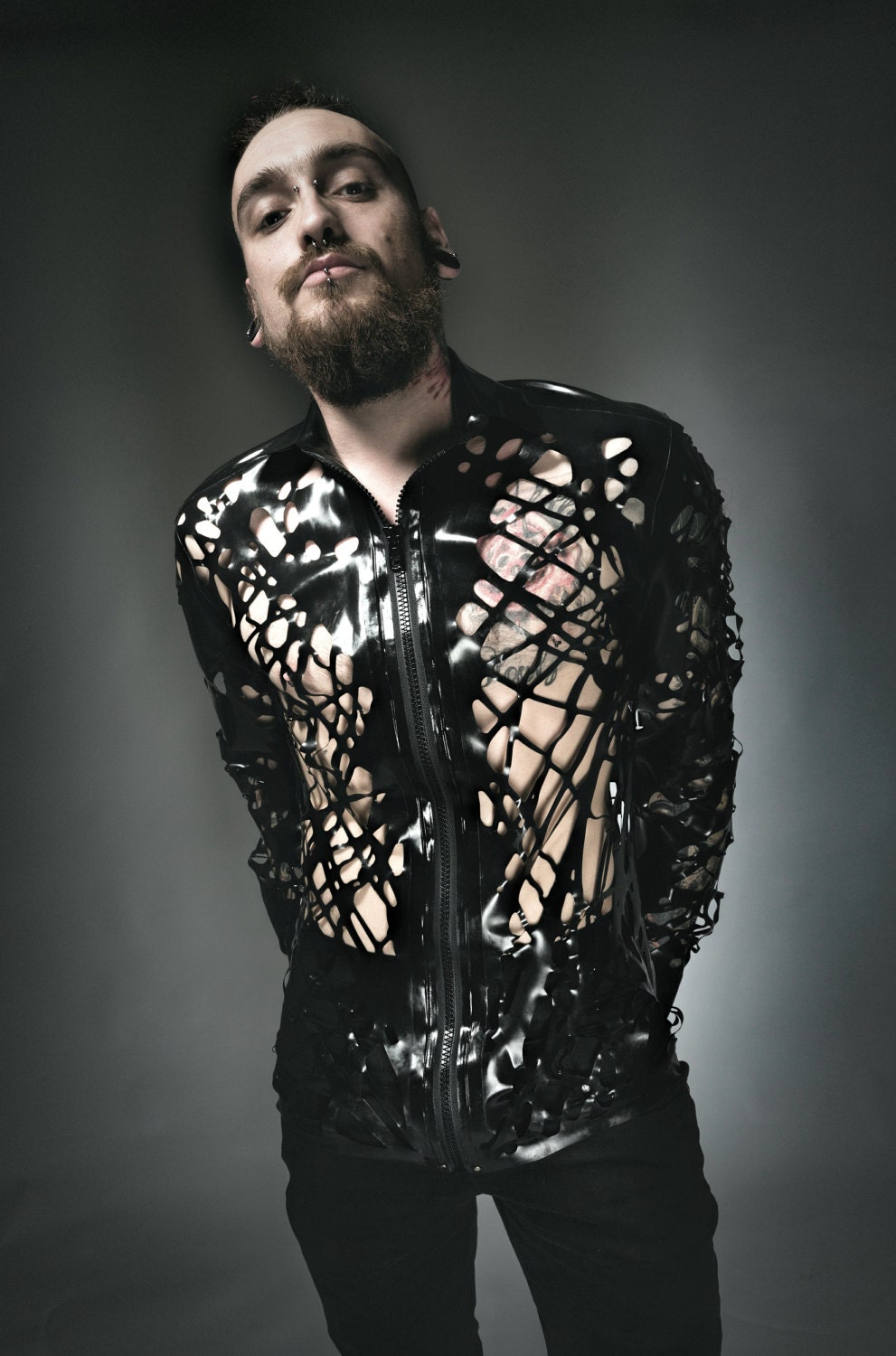 Image of Latex Bird's Nest Mesh Collared Shirt With Sleeves in Black Or Any Colour