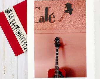 Card for Musician, Music Greeting Card, New York Photo, Guitar Photo, Photo Greeting Card, Blank Card, Handmade Greeting Card, Pink Cafe NYC