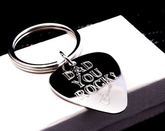 Fathers Day Gift, Personalized Guitar Pick, Handstamped Dads key chain,