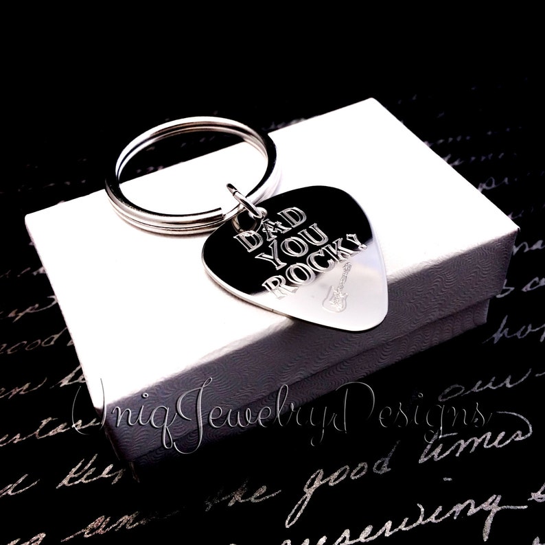 Fathers Day Gift, Personalized Guitar Pick, Handstamped Dads key chain, image 1