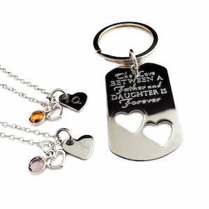 The Love Between A Father and His Daughter Birthstone Necklace Key chain Set, Father Daughter Set, Custom Engraved Father Daughter Gift