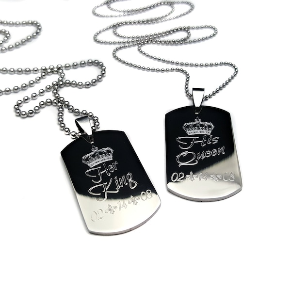 Stainless Steel Couples Dog Tag Set, Her King His Queen Set, His and Hers Dog Tag Set, Custom Couples Jewelry Set, Engraved King Queen