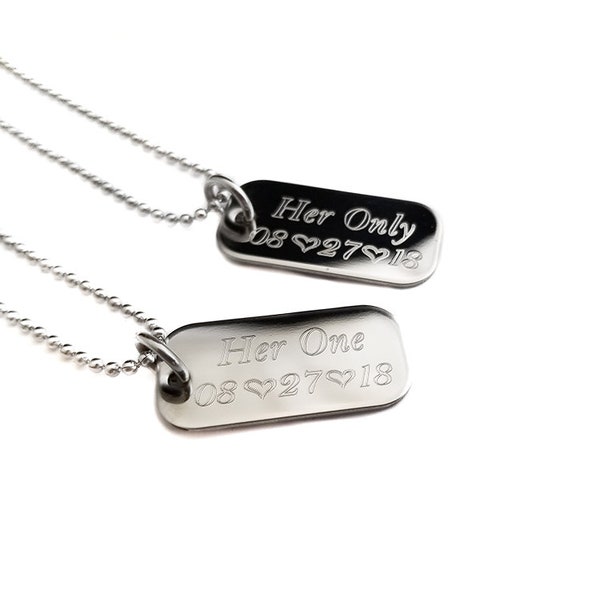 Couples Mini Dog Tag + Her one His only + Engraved Dog Tag Set + Couples Gift Set + Anniversary Gift + Valentine Gift