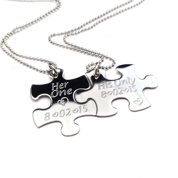 Personalized Puzzle Piece Necklace, Her One His Only Puzzle Set, Stainless Steel Couples Jewelry, Engraved Jewelry, Valentines day gift