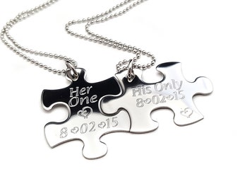 Puzzle Piece Necklace, Interlocking Puzzle Pieces, Her One His Only Puzzle Piece, Couples Jewelry, Engraved Jewelry