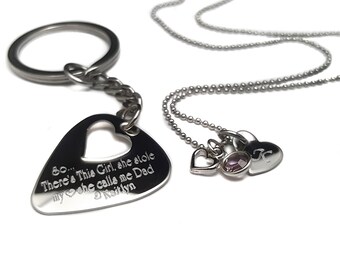 Personalized Father Daughter Guitar Pick Keychain Necklace Set