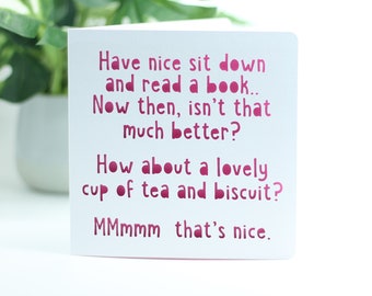 greeting card, tea and biscuit quote, unique book lover card, card for book and tea lover, relax take a break theme, square greeting card