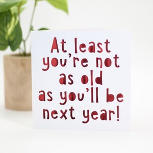 At least you're not as old as you'll be next year, birthday card, happy birthday card, gay birthday card, snarky birthday, old age card