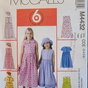Uncut Vintage McCall&#39;s M4432 Schnittmuster für Kinder- und Mädchenkleider und Hut in den Größen 3, 4, 5, 6