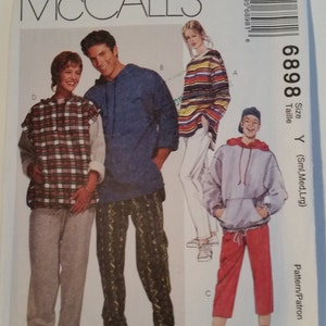 McCall's 6898 sewing pattern misses' and men's top, sweatshirt, pants and shorts in size S, M, L