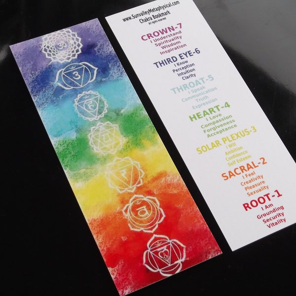3-Qty Chakra Bookmarks printed on heavy paperboard & Free Shipping: 2024 YOGA SALE