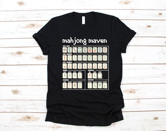 Camiseta Mahjong, 100% algodão, unissex, com tabela completa de peças.