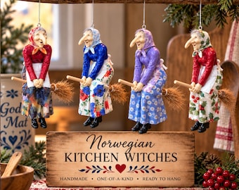 Handmade Norwegian Kitchen Witch Figurine, Scandinavian Folk Art, Nordic Decor (5.25" Tall)