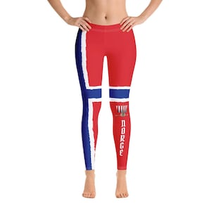 Stylish Leggings, Norwegian Flag Design With Viking Ship Detail