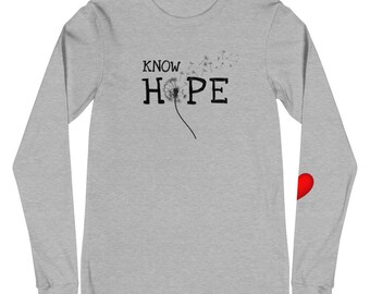 Könnte beinhalten: Ein hellgraues Langarmshirt mit einer schwarzen Löwenzahndarstellung und dem Text "KNOW HOPE". Auf dem linken Ärmel befindet sich ein rotes Herz.