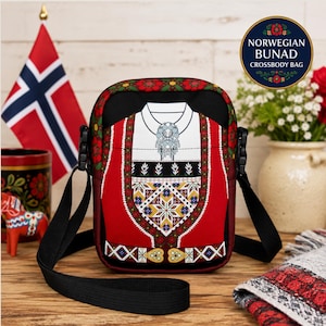 Crossbody Bag, Norwegian Bunad Design, 100% Polyester, Adjustable Strap