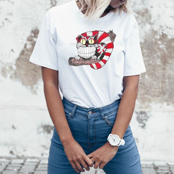 Wearable Art Cheshire Cat Graphic Design Illustrative Shirt, Whimsical Charming Cat T-shirt, Crazy Cat Lady Fantasy Shirt