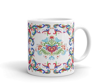 Kaffeetasse, farbenfrohes Rosenmalerei-Design auf weißer Keramik, Fassungsvermögen 11 oder 15 Unzen