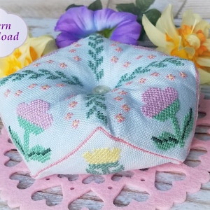 Spring Blooms Biscornu Cross-Stitch Pattern - PDF Download