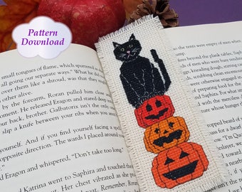 Black Cat Sitting on Jack-o-lanterns Cross-Stitch Bookmark Pattern - PDF Download