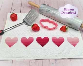 Ombre Hearts Hand Towel Cross-Stitch Pattern - PDF Download