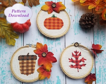 Plaid Autumn - Acorn, Pumpkin, Scarlet Oak Leaf - Cross-Stitch Patterns - PDF Download