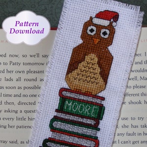 Christmas Owl Sitting on Books Cross-Stitch Bookmark Pattern with 3 Cross-Stitch Alphabets - PDF Download