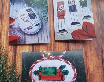 Christmas 4x6" Greeting Cards Featuring Cross-Stitch Images with White Envelope and Free Cross-Stitch Pattern on Back of Cards