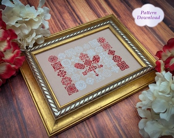 May include: A framed cross-stitch pattern with a gold frame. The cross-stitch design features red and white geometric patterns on a beige background. The frame is rectangular with a decorative silver inner edge. The words "Pattern Download" are in a cloud-shaped graphic.