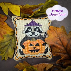 Halloween Bandit Cross-Stitch Pattern - PDF Download - Raccoon with Jack-o-Lantern and Witch Hat Halloween Xstitch - Digital Pattern