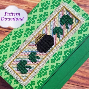 St. Patrick&#39;s Day Bookmark Cross-Stitch Pattern with Pot of Gold, Shamrocks, and Rainbow - PDF Download