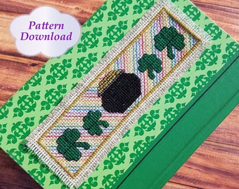 St. Patrick's Day Bookmark Cross-Stitch Pattern with Pot of Gold, Shamrocks, and Rainbow - PDF Download