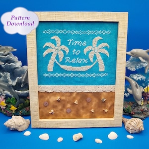 Time to Relax Cross-Stitch Pattern - PDF Download - Palm Trees and Hammock Cross-Stitch - Beach Cross-Stitch Pattern - Digital Download
