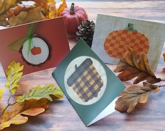 Autumn 4x6" Greeting Cards Featuring Three different Cross-Stitch Images with White Envelope and Free Cross-Stitch Pattern on Back of Cards