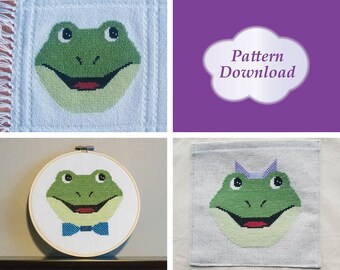 May include: A cross-stitch pattern of a frog wearing a blue bow tie. The pattern is available for download. The image shows a finished cross-stitch project in a hoop and a close-up of the pattern.