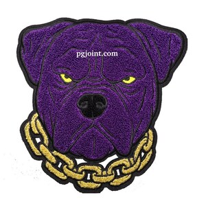 May include: Purple embroidered patch of a bulldog wearing a gold chain. The bulldog has a serious expression and yellow eyes. The text "pgjoint.com" is visible on the patch.