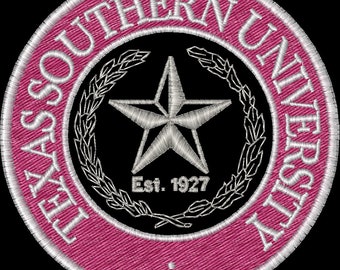 May include: Embroidered patch featuring the words "TEXAS SOUTHERN UNIVERSITY" in white, arched around a central star and laurel wreath design. The patch is framed by a pink border and includes "Est. 1927".