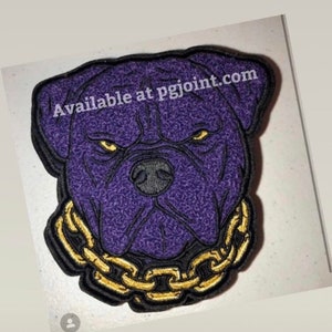 May include: Purple embroidered patch of a bulldog's head with a gold chain collar. The patch has the text "Available at pgjoint.com" on it.