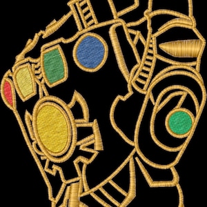 May include: A gold-colored illustration of a hand wearing a gauntlet with six colorful gems. The hand is making a fist with the index finger pointing up.