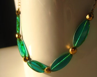 Unique, Lightweight, Original Necklace "Bohemia", Handmade Necklace made with Green Czech Glass Beads and Golden Aluminum Chain