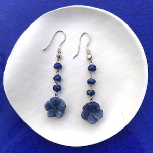 Beautiful Sodalite Flower Earrings; Sodalite Dangle Earrings; Handmade Sterling Silver and Faceted Sodalite Flower Earrings