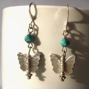Handmade Turquoise Earrings &quot;Butterfly&quot; - Pendants with Sterling Silver Butterfly and Turquoise Beads, Unique Ethnic Butterfly Jewelry
