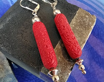 Red Laquer Earrings, Handmade Dangle Earrings, China-inspired Silver 925 and Chinese Red Laquer and Sterling Silver Earrings