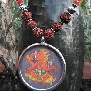 Ganesha Necklace with Ganesha hand painted pendant and carnelian/silver/rudraksha beads