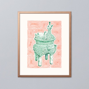 Chinese Bronze Vessels Riso Art Print - Risograph Bronze Ornamental Metalwork Print - Bronze Rooster Riso Print