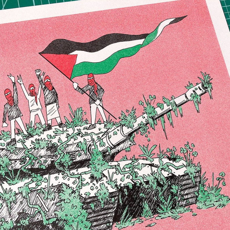 May include: Illustration of a tank covered in green foliage, with figures holding a Palestinian flag. The figures are wearing red face coverings and standing on the tank. The background is a solid pink color.