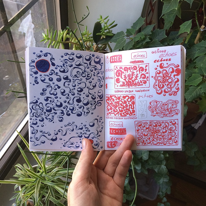 May include: Open sketchbook with blue and red ink illustrations. The left page features a blue abstract design with a dark blue circle. The right page displays red illustrations with the word "echoes" and "GERARD DALBON ILLUSTRATION".
