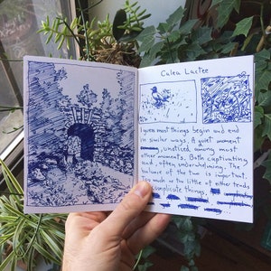 May include: An open sketchbook with blue ink drawings and handwritten text. One page features a detailed sketch of an arched stone structure in a natural setting. The opposite page has two small drawings and text that reads "Calea Lactee".