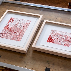 Brasov & Sibiu Linocut Prints - Romania Linocut Relief Block Print - Europe Cityscape Scenery Linocut Art Prints